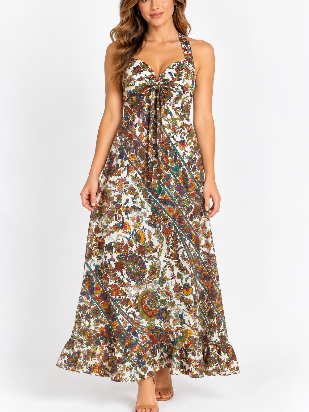 Earthbound Trading Co Paisley Halter Maxi Dress Large Boho Floral Tie Front